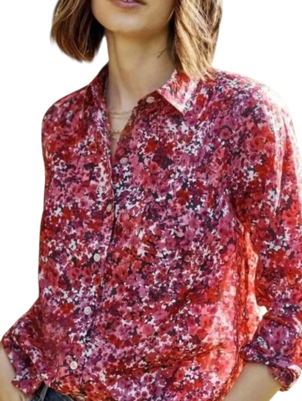 J. Jill Red & Pink Floral Cotton Blouse Top Size Medium Petite
